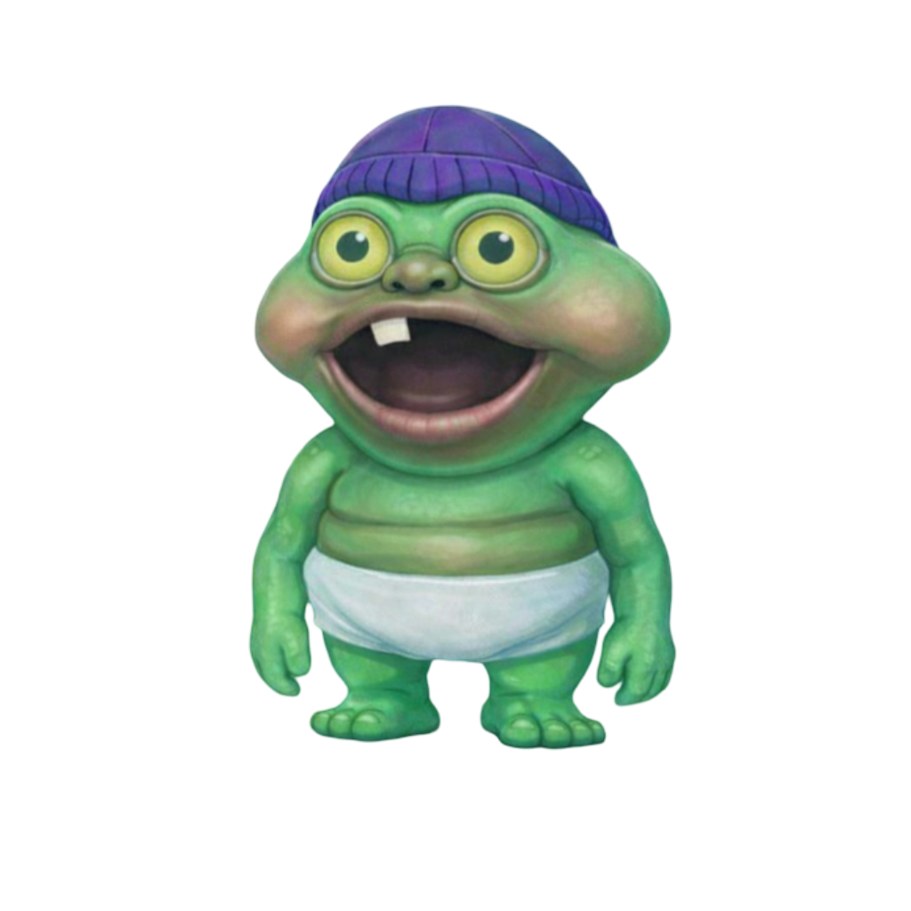 SOLGLKIK, a grinning green creature in a purple beanie